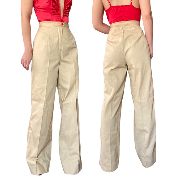 Vintage 70s Wide Leg Khaki Trousers, ILGWU, 26” Waist Super High Rise - Picture 2 of 5